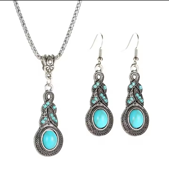 Turquoise Earrings Necklace Set Women's Vintage Dangle New f32 - Picture 1 of 5